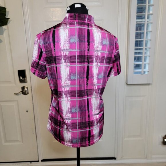 DKNY Golf Zip Neck Short Sleeve Top Pink Plaid Print | Size S - Picture 6 of 10